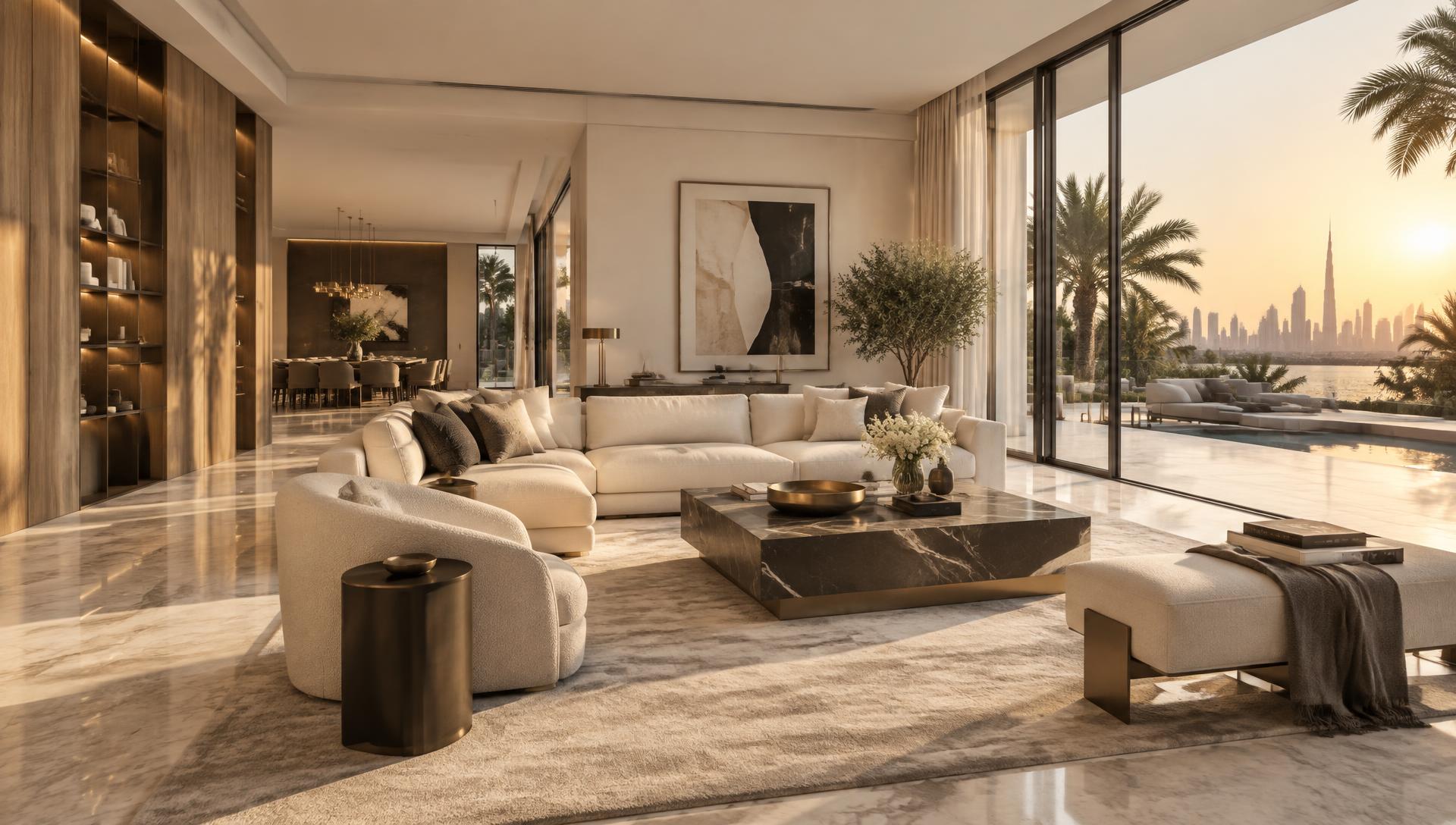 Refined renovated villa living room with marble floors, oak joinery and a terrace view of Dubai at golden hour